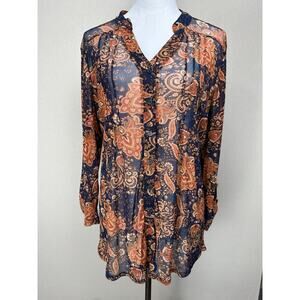 PerSeption Concepts XL Navy Blue Orange Button front V-neck Sheer Blouse Top